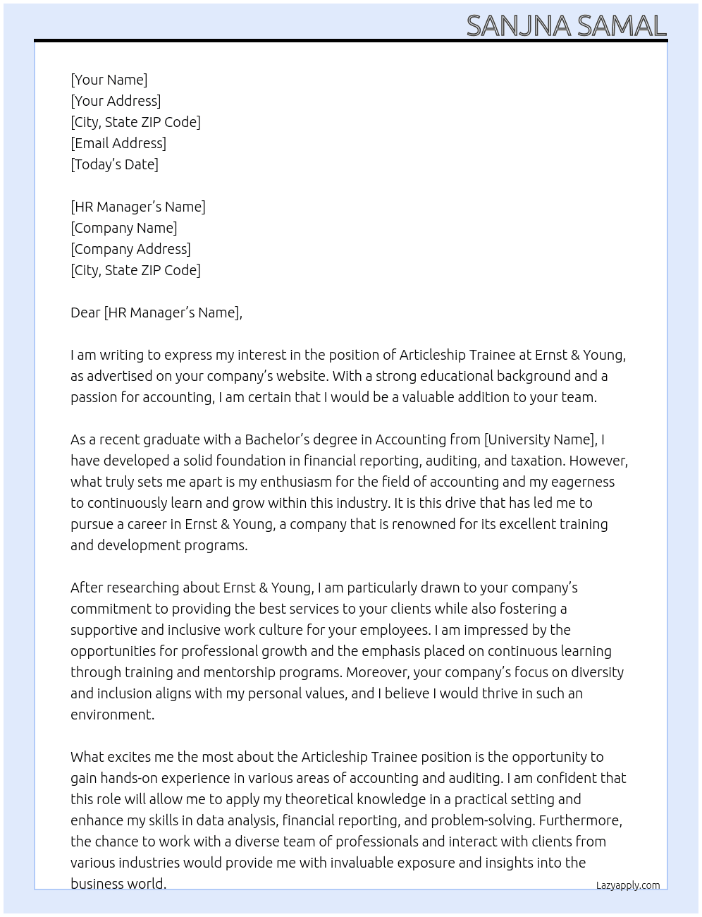Articleship Trainee At Ernst & Young Cover Letter