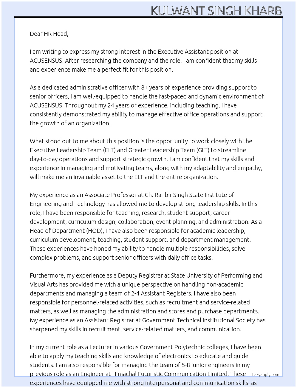 EXECUTIVE ASSISTANT At ACUSENSUS Cover Letter