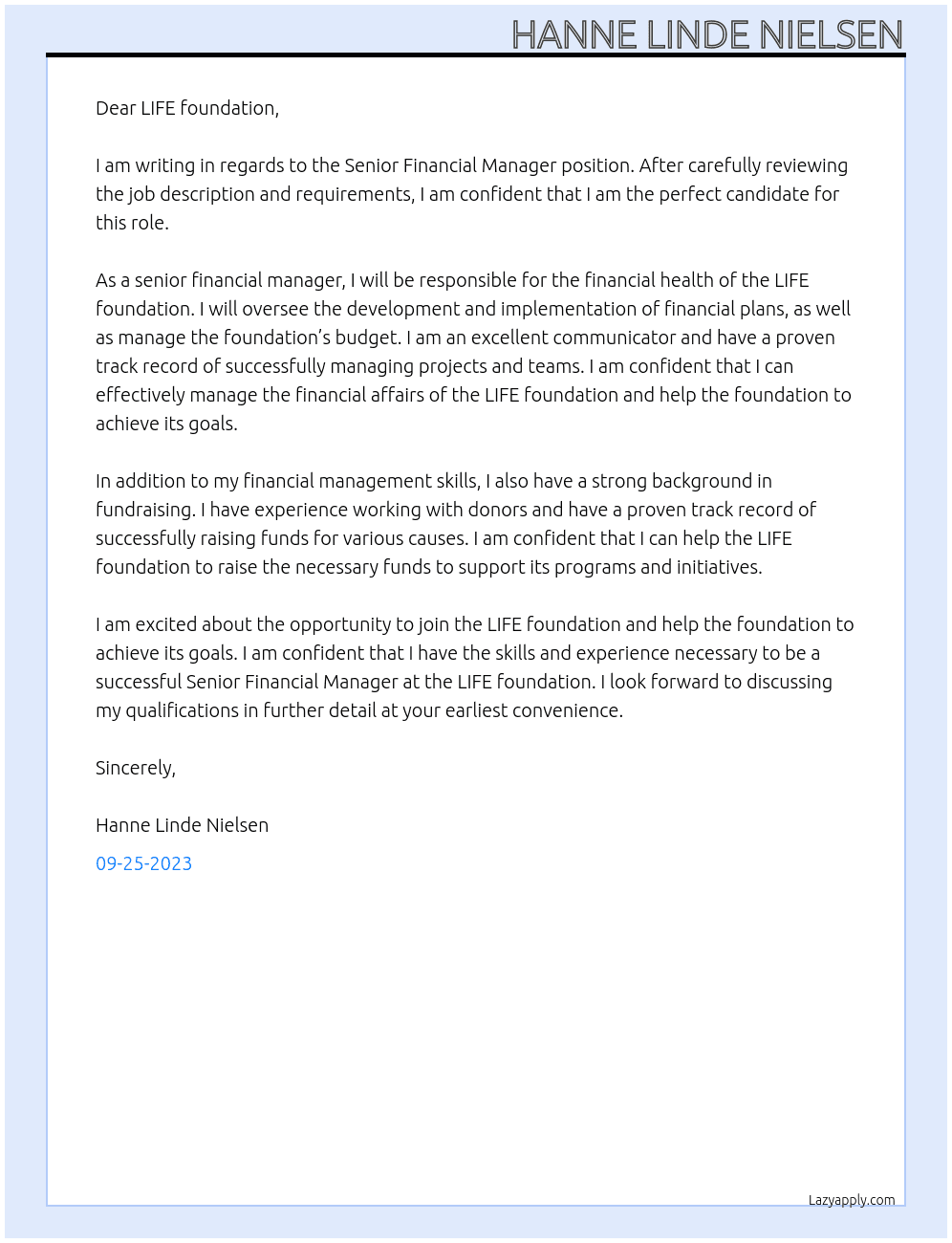 Senior Financial Manager At LIFE foundation Cover Letter