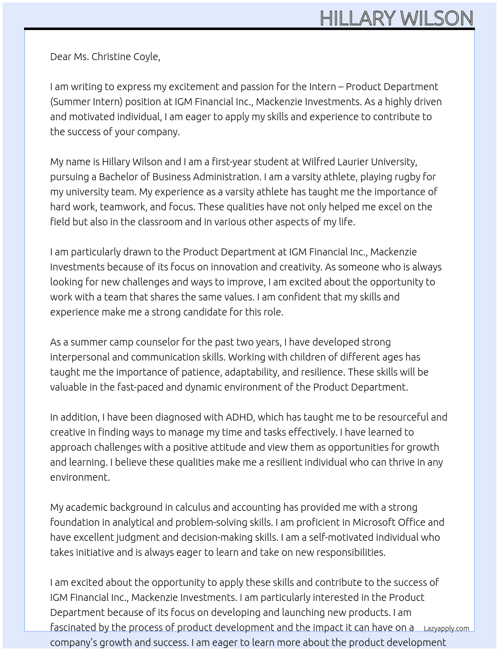 Intern – Product Department (Summer Intern) At IGM Financial Inc., Mackenzie Investments Cover Letter