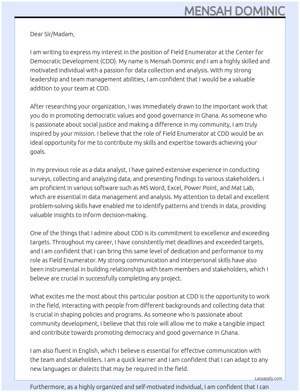 Field Enumerator At Center for Democratic Development (CDD) Cover Letter