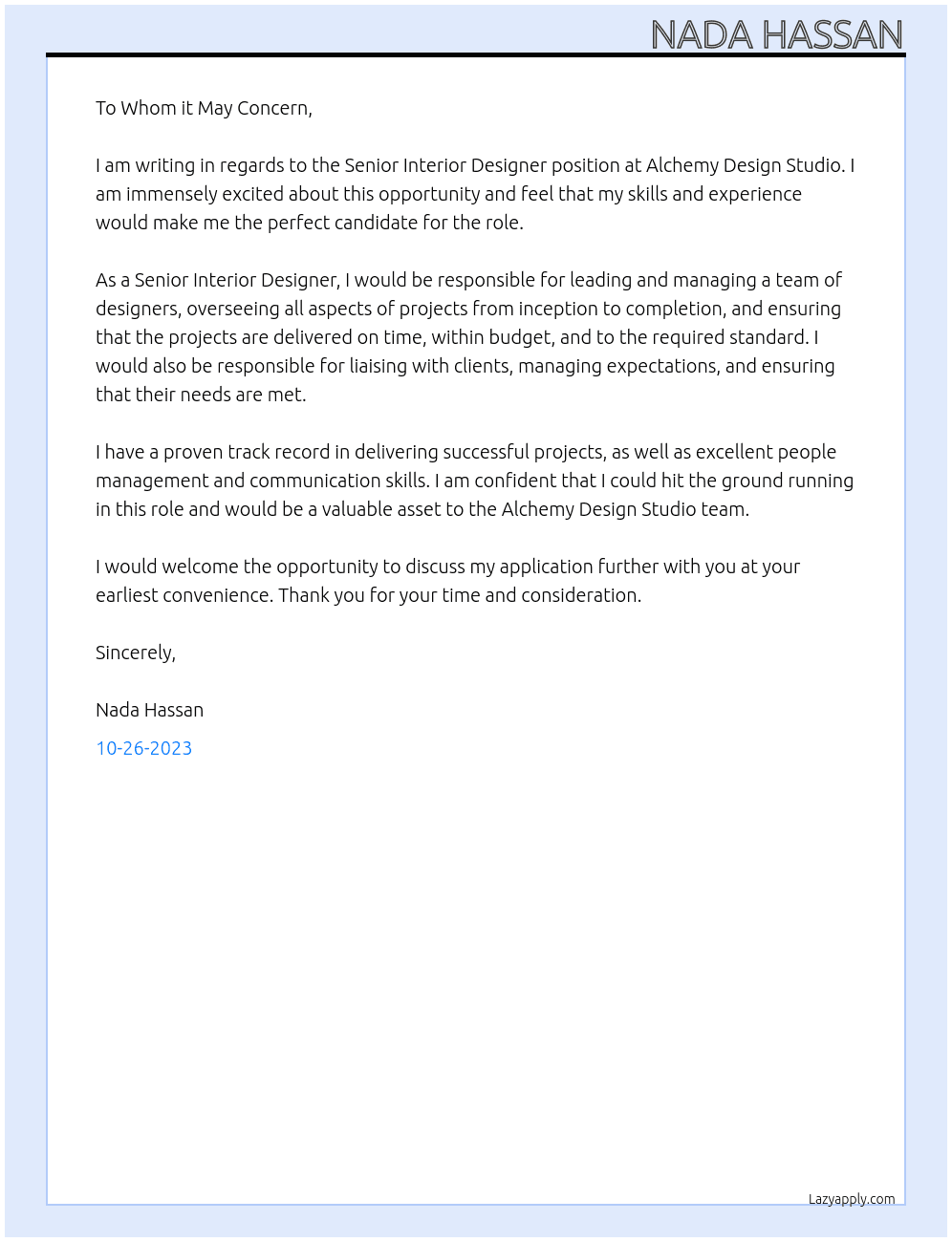 senior interior designer At ALchemy design studio Cover Letter