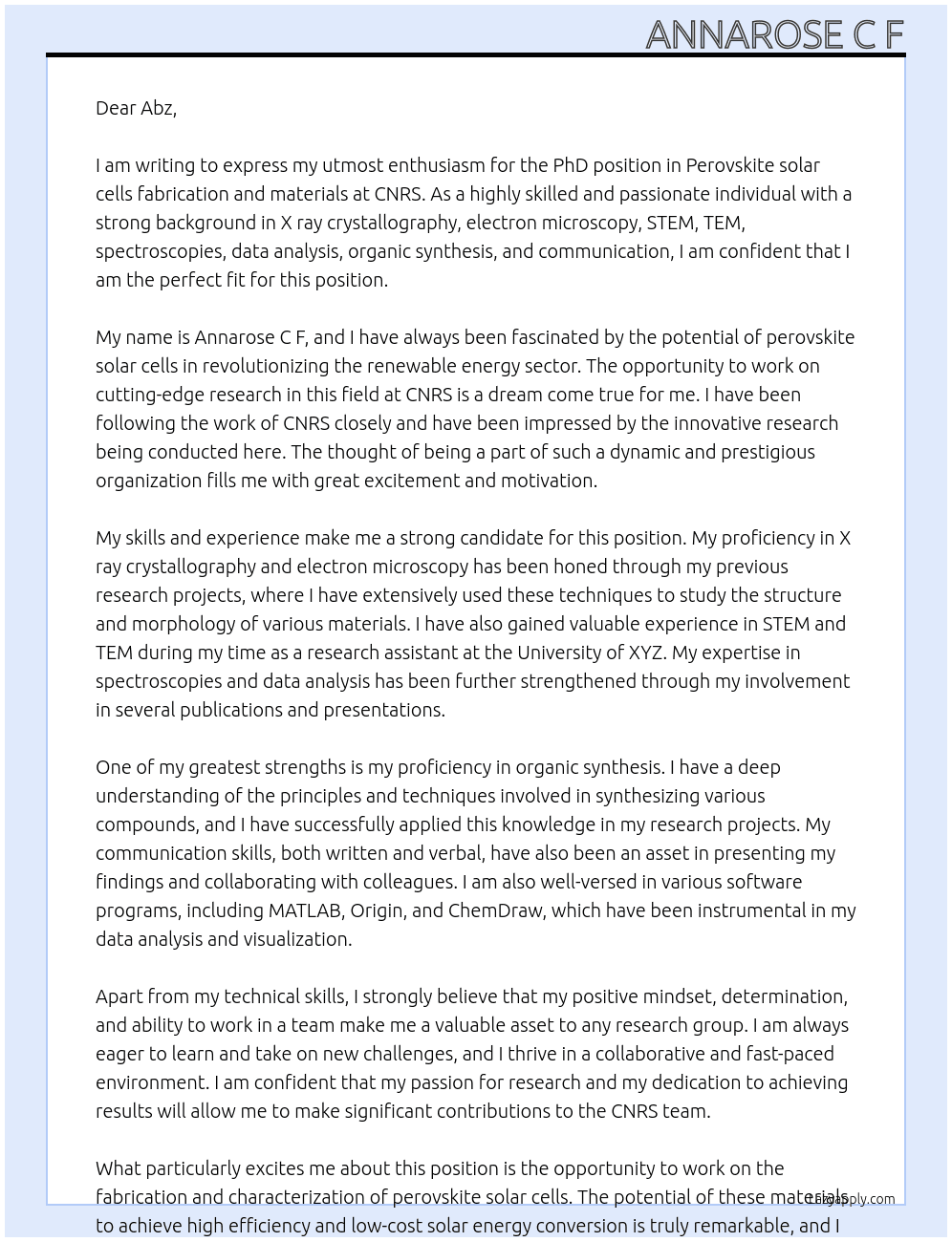 PhD position in Perovskite solar cells fabrication and materials  At CNRS Cover Letter