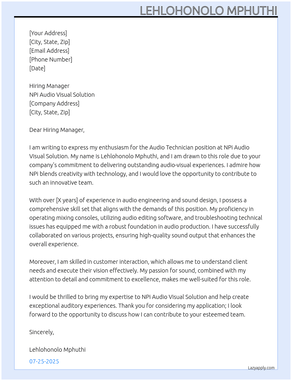Audio technician  At NPi Audio Visual Solution Cover Letter