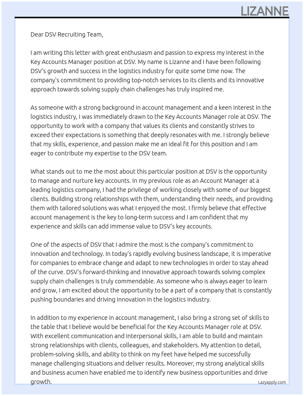 Key Accounts Manager At DSV Cover Letter