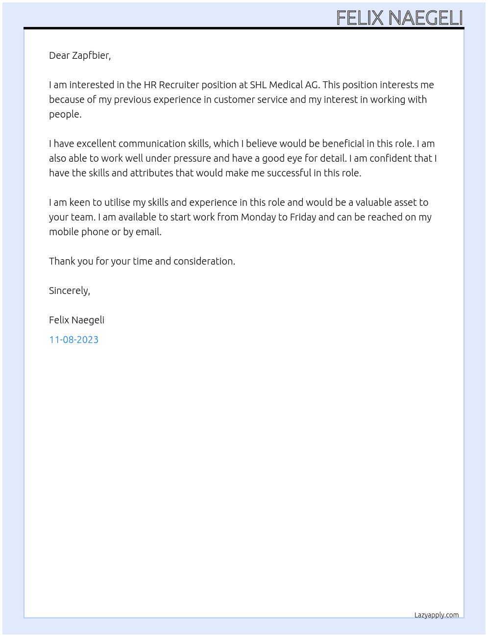 HR Recruiter At SHL Medical AG Cover Letter