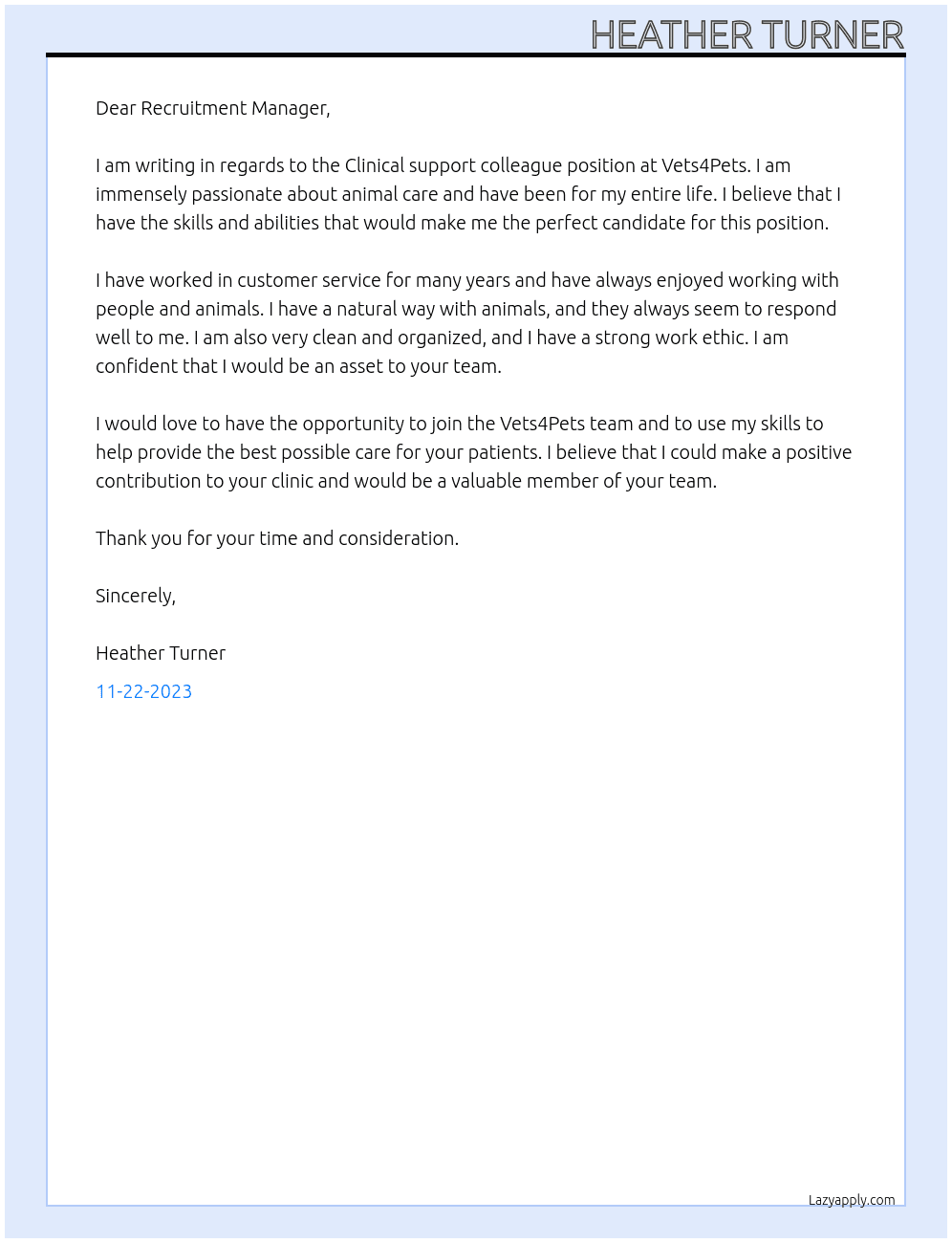 Clinical support colleague At Vets4Pets Cover Letter