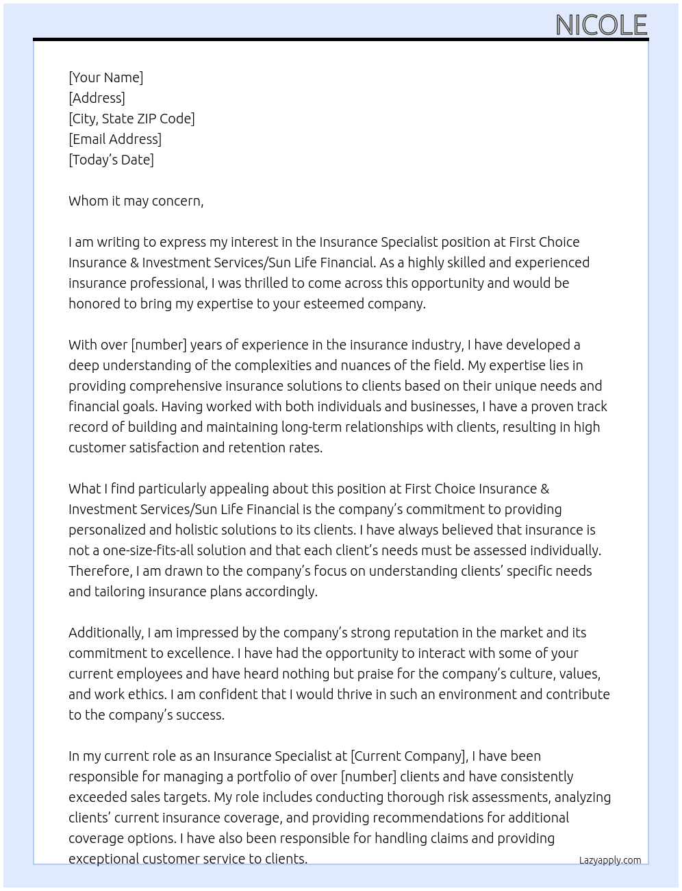 Cover letter for insurance specialist - LazyApply