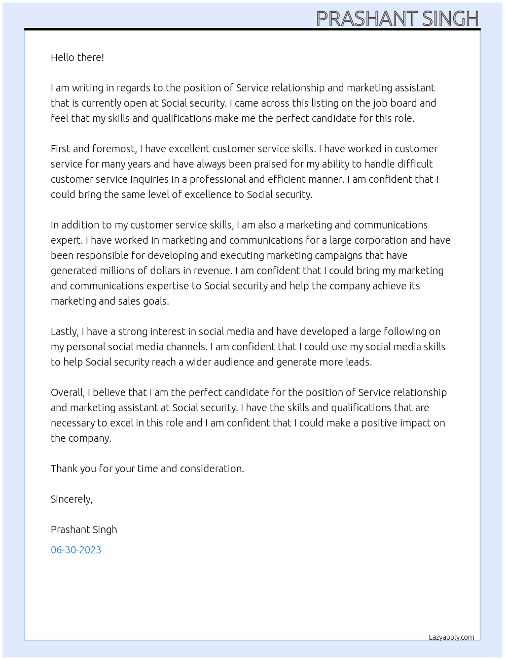 Service relationship and marketing assistant  At Social security  Cover Letter