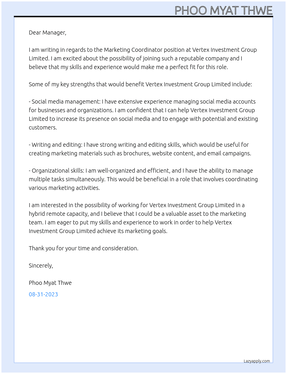Marketing coordinator At Vertex Investment Group limited Cover Letter