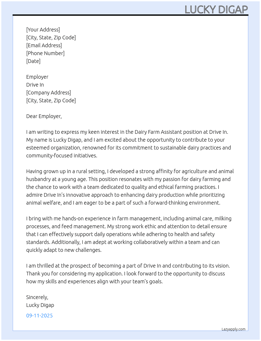 Dairy Farm Assistant At Drive in Cover Letter