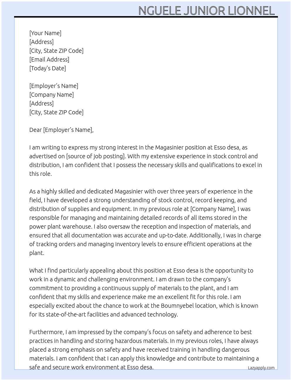 Magasinier  At Esso desa Cover Letter