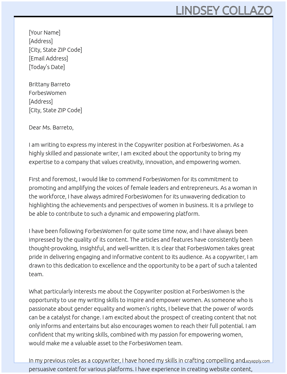 copywriter At ForbesWomen Cover Letter
