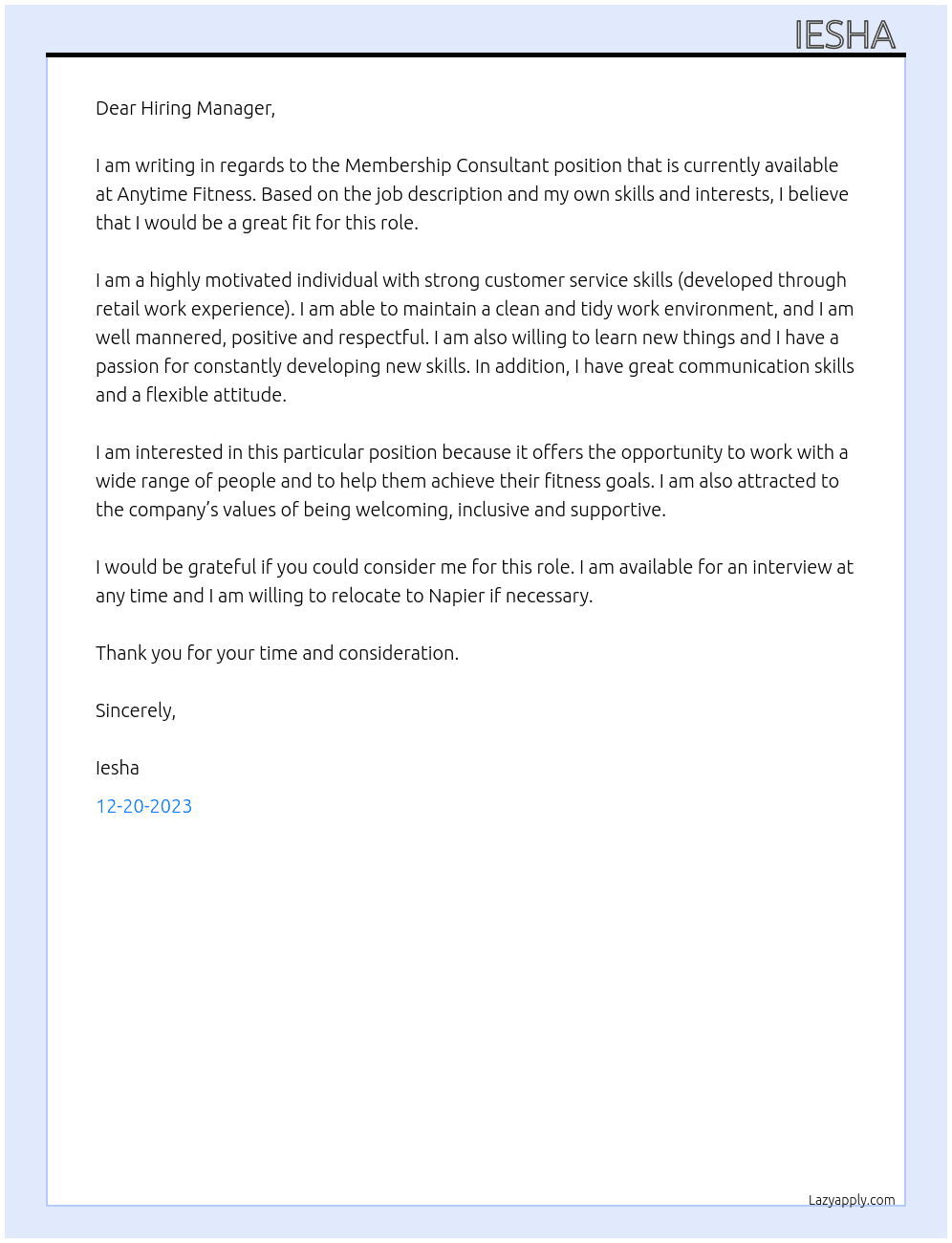 Membership Consultant At Anytime Fitness Cover Letter