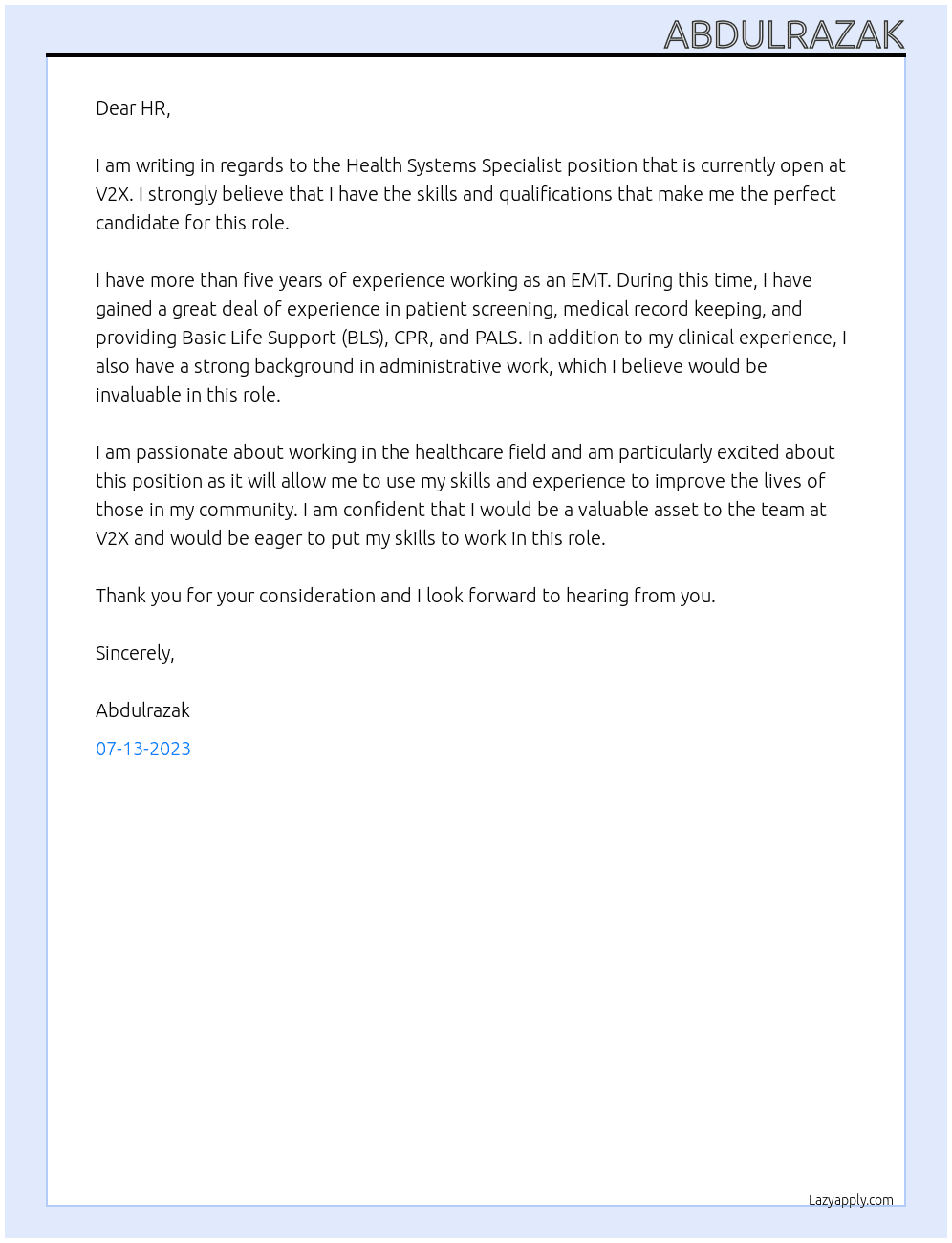 Health Systems Specialist At V2X Cover Letter
