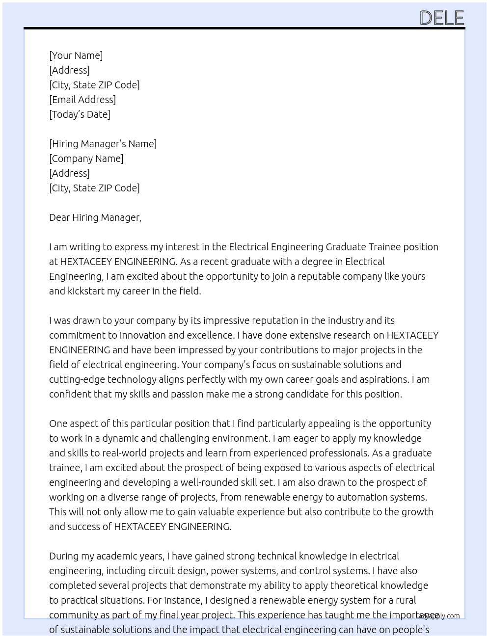 Electrical Engineering Graduate Trainee At HEXTACEEY ENGINEERING  Cover Letter