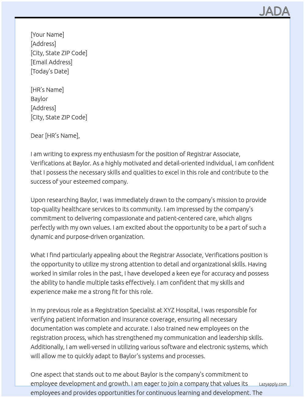 Registrar Associate, Verifications At Baylor Cover Letter