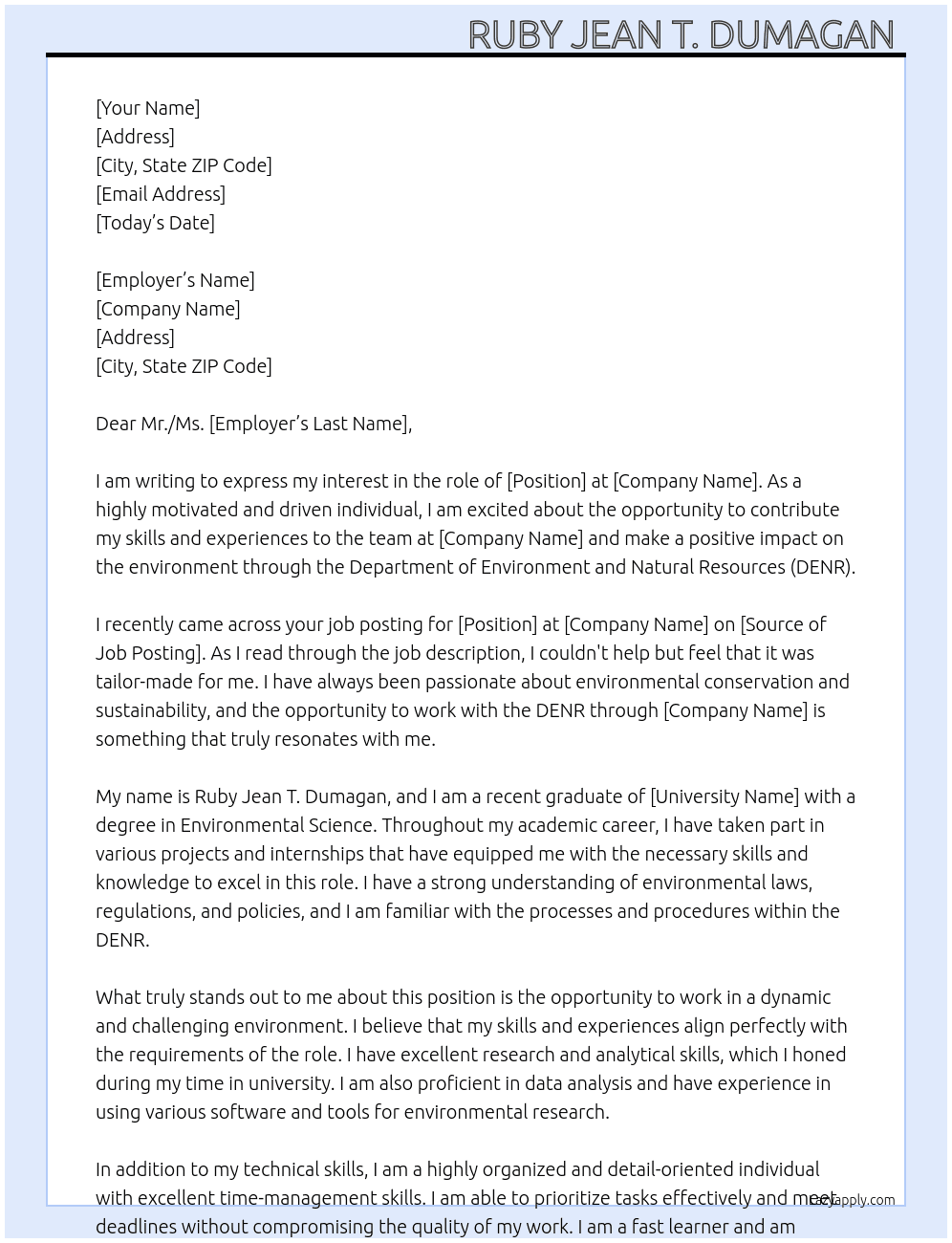 DENR At Work immersion  Cover Letter