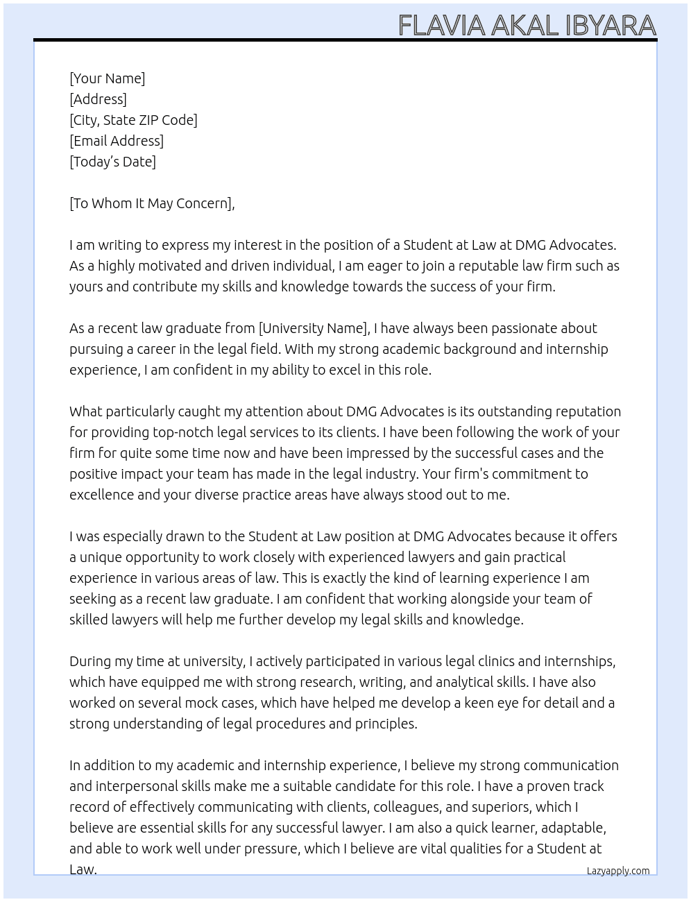 Student at Law At DMG Advocates Cover Letter