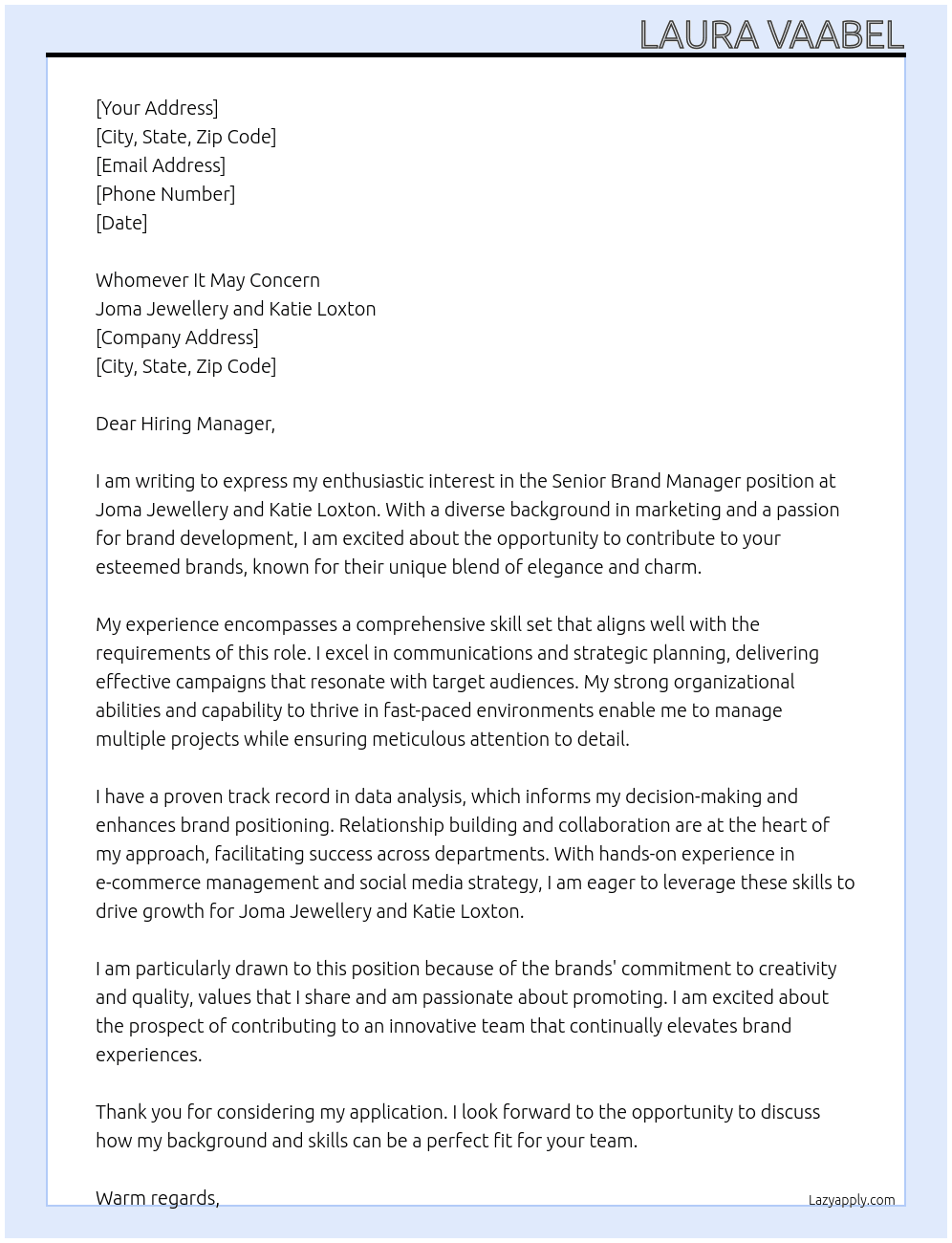 Senior Brand Manager At Joma Jewellery and Katie Loxton Cover Letter
