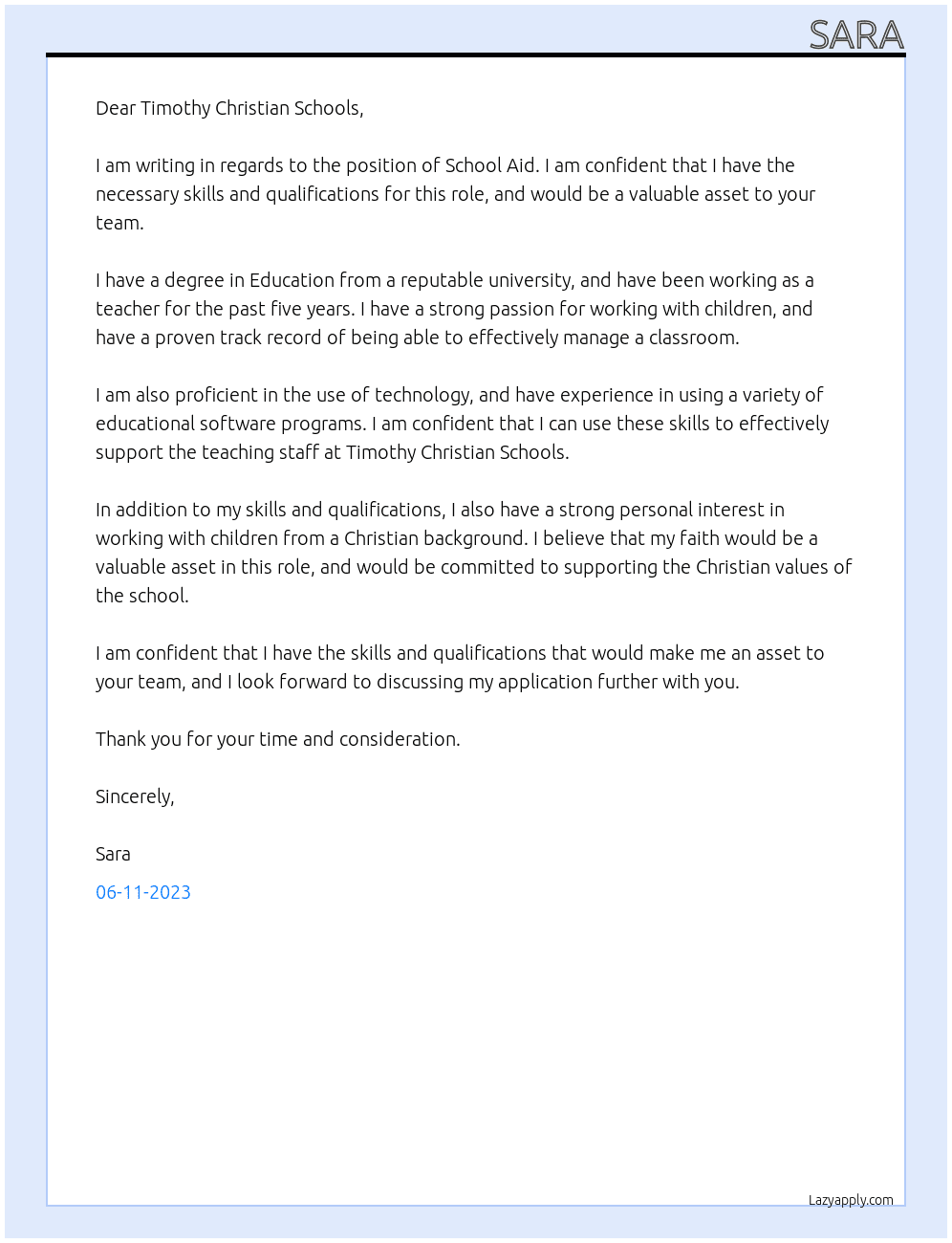 School Aid At Timothy Christian Schools Cover Letter