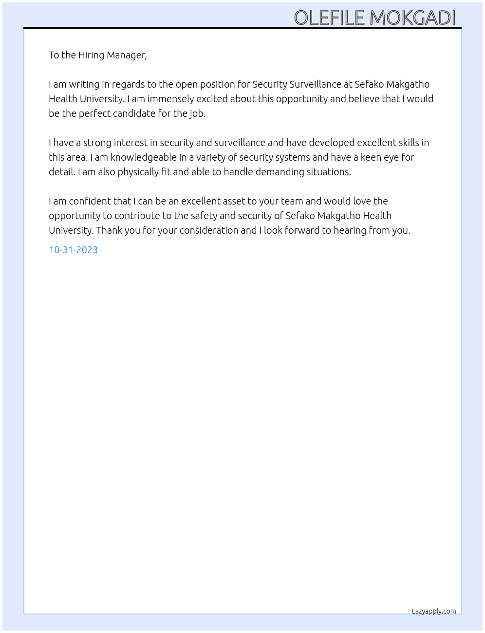 Security Surveillance  At Sefako Makgatho Health University  Cover Letter