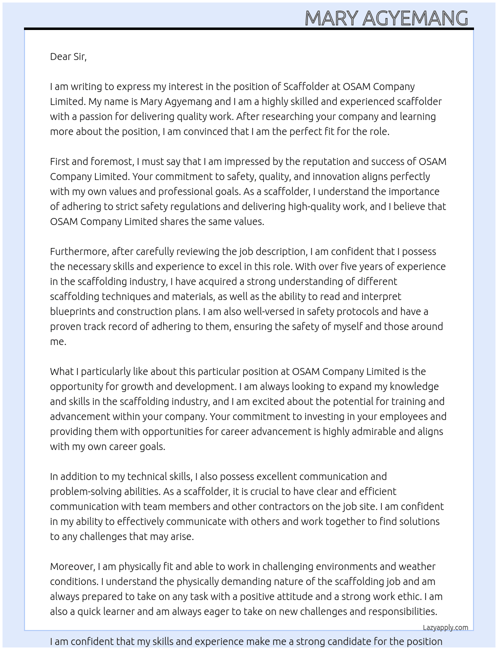 scaffloder  At OSAM COMPANY LIMITED Cover Letter