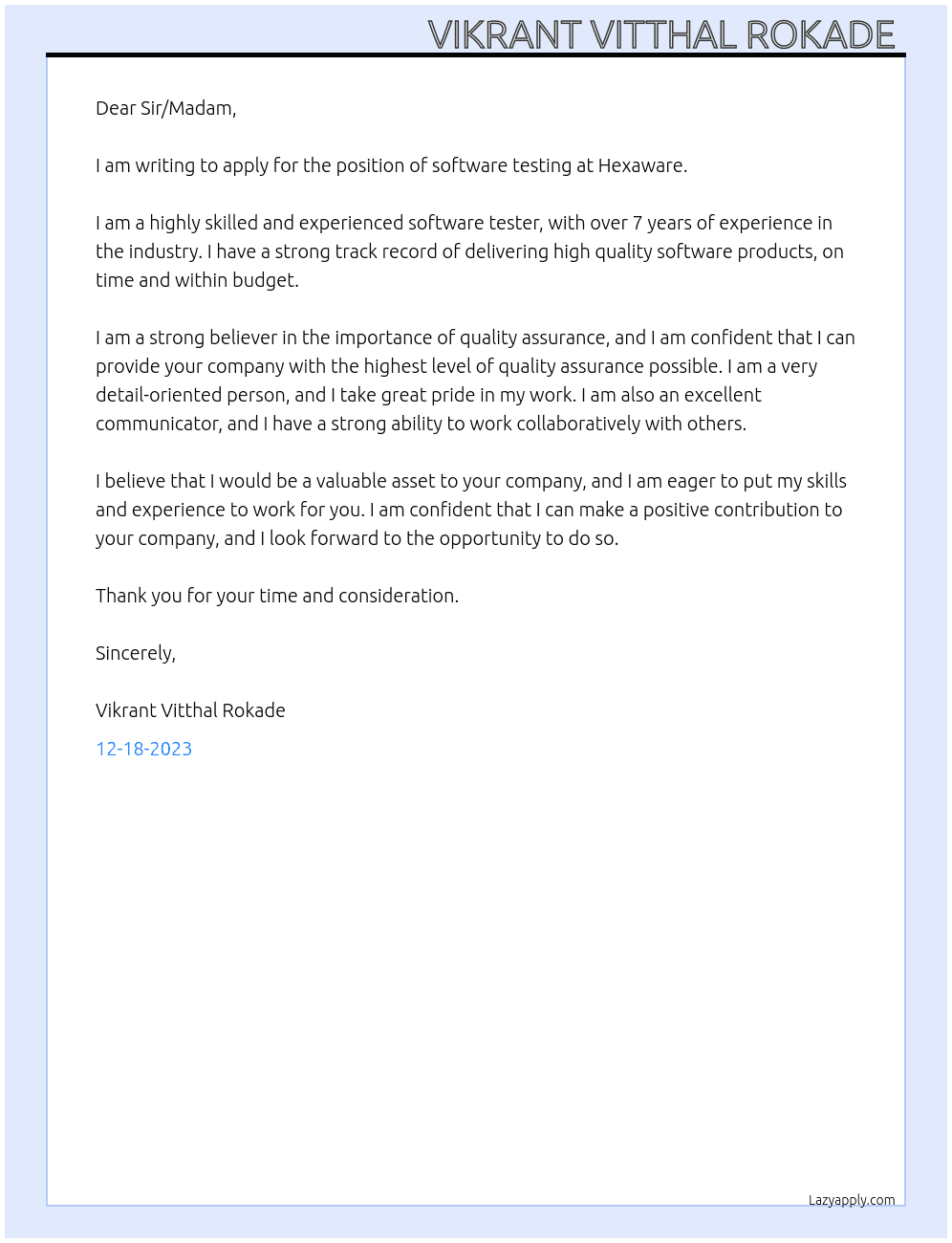 Software testing  At Hexaware Cover Letter