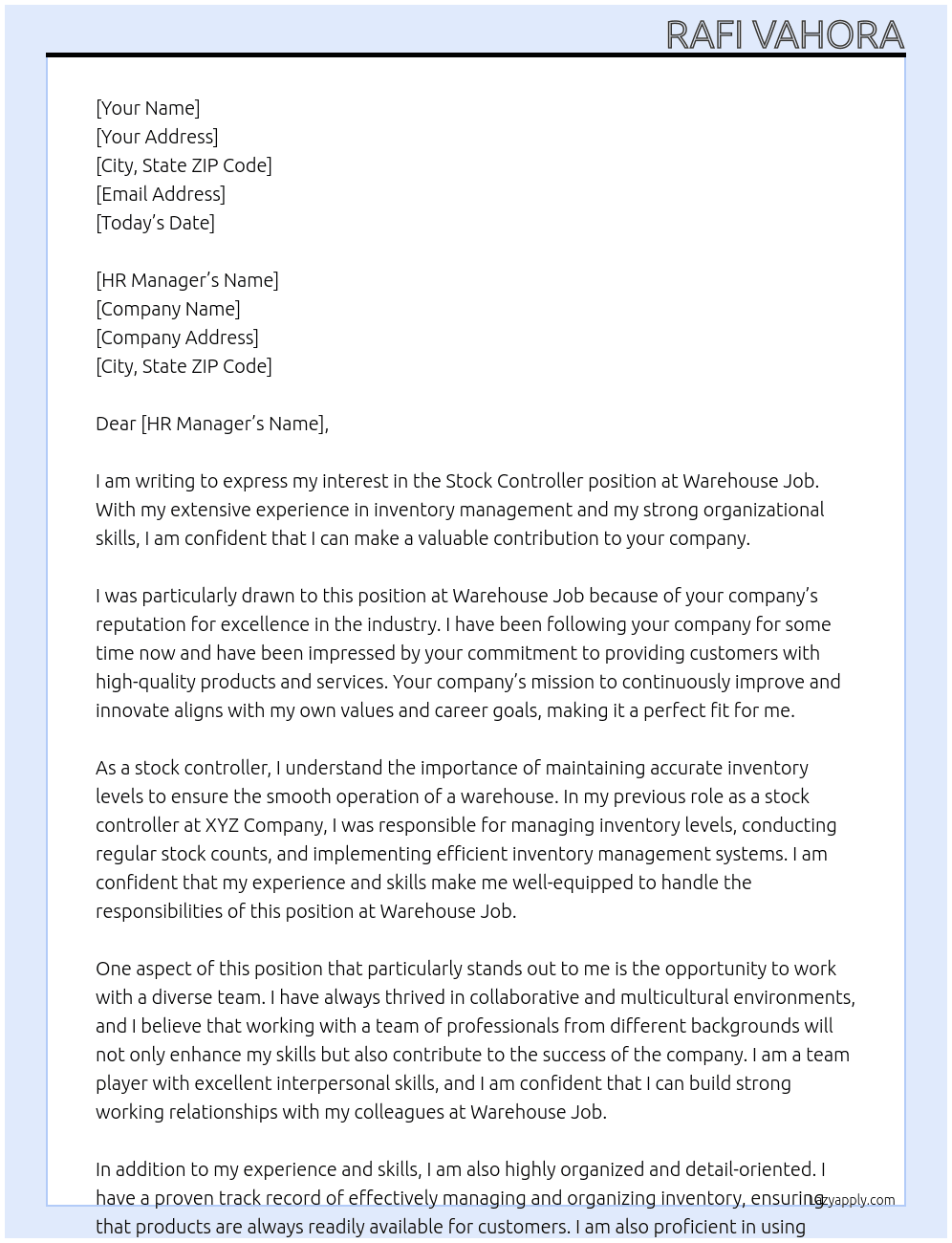 Stock controller  At Warehouse job  Cover Letter