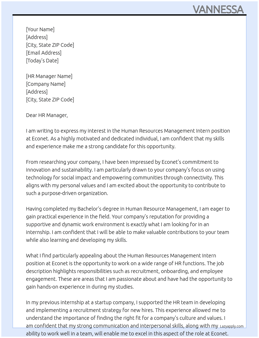 Human Resources Management Intern At Econet Cover Letter