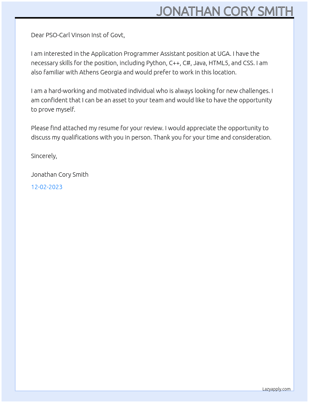 Application Programmer Assistant At UGA Cover Letter