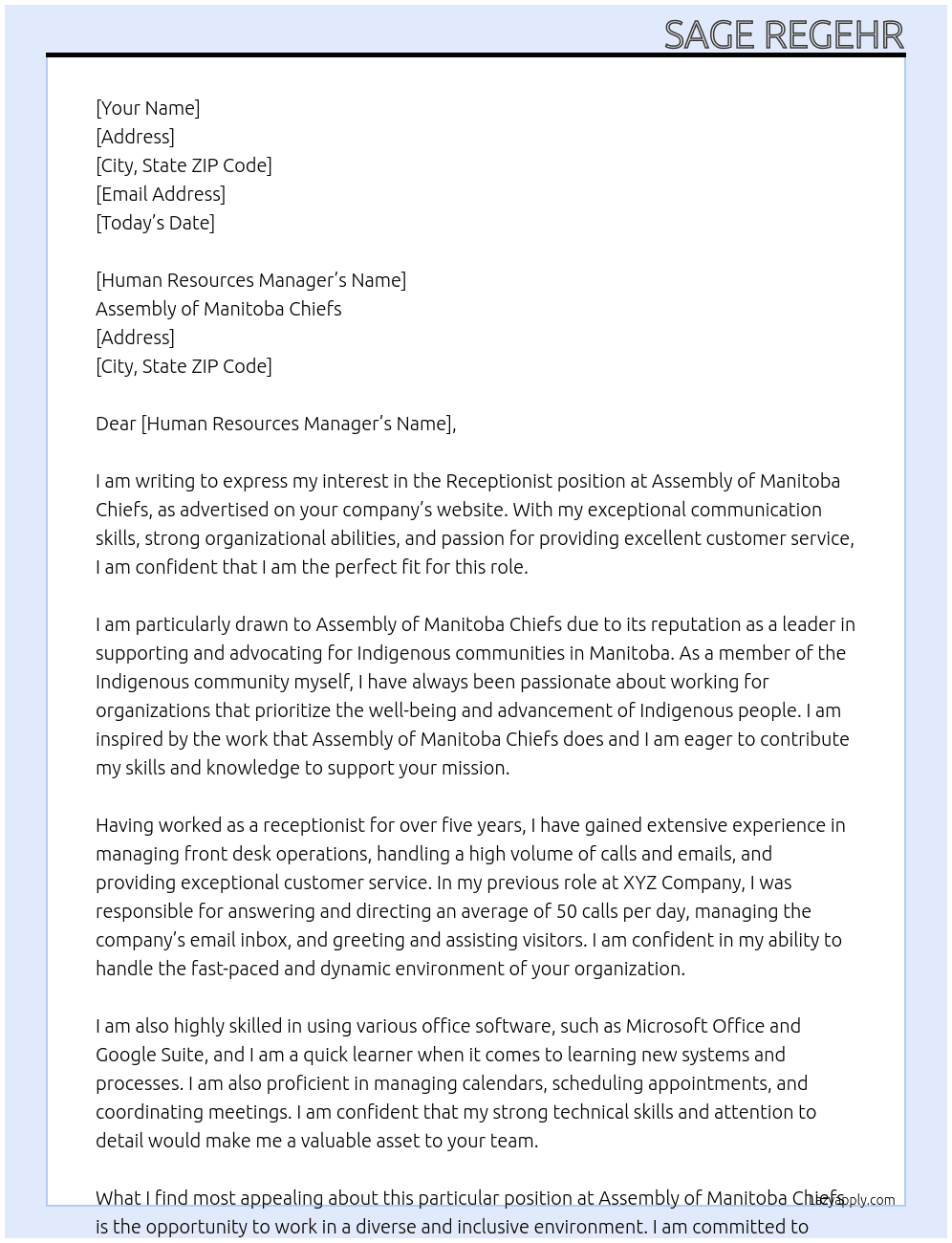receptionist At assembly of manitoba chiefs Cover Letter
