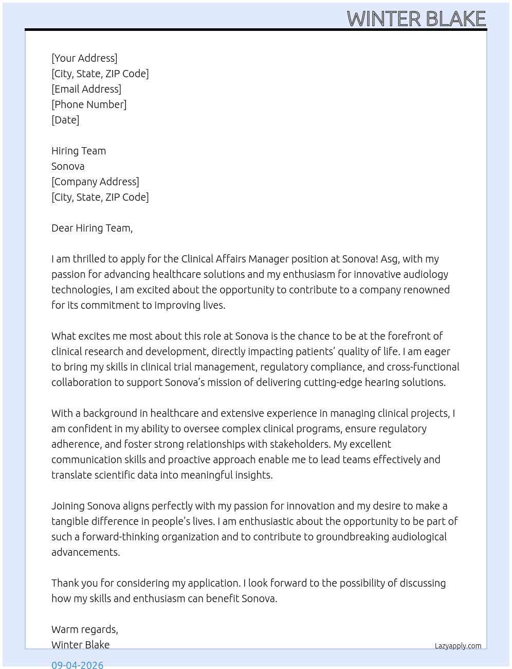 Cover letter for clinical affairs manager - LazyApply