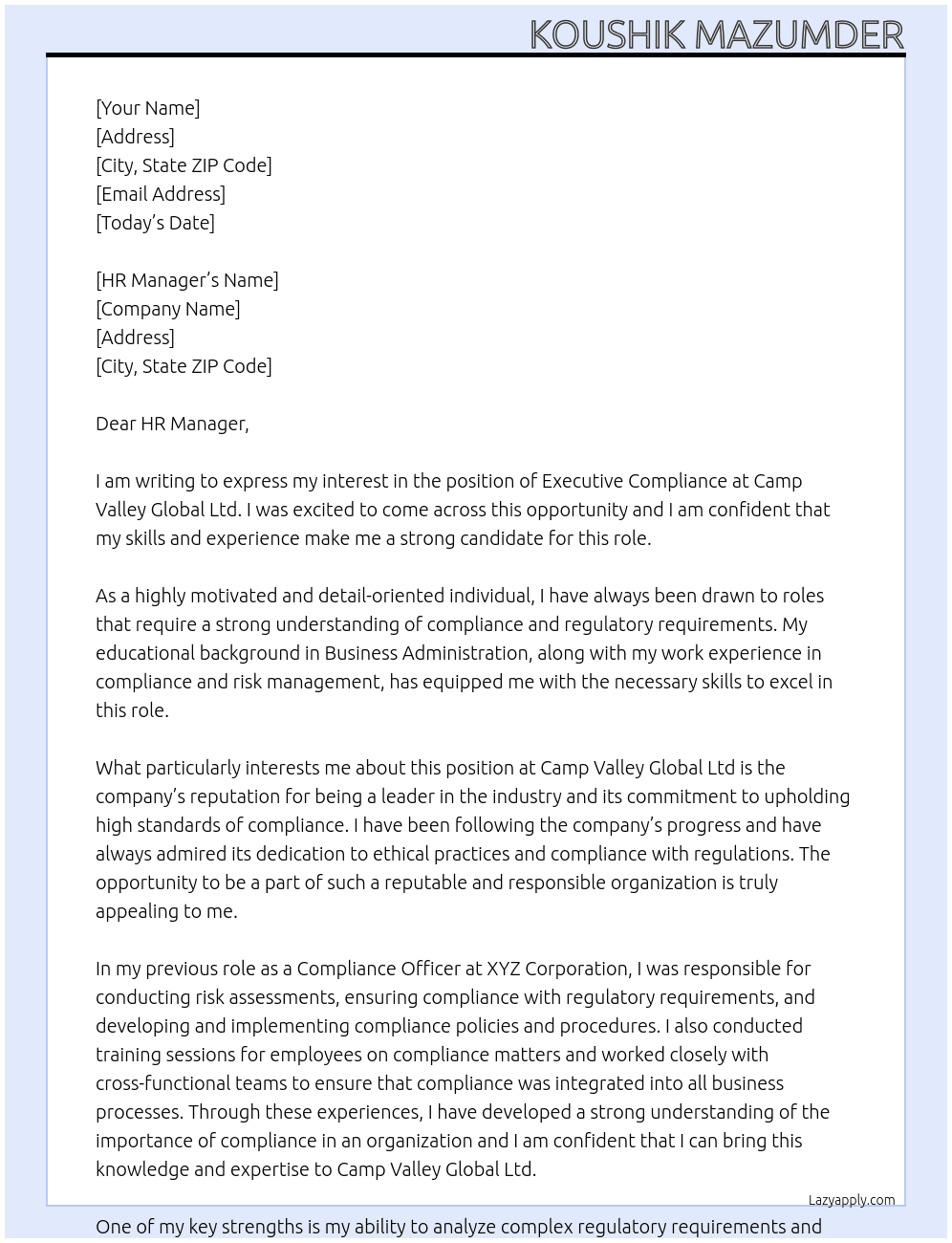 Executive Compliance At Camp Valley Global Ltd Cover Letter