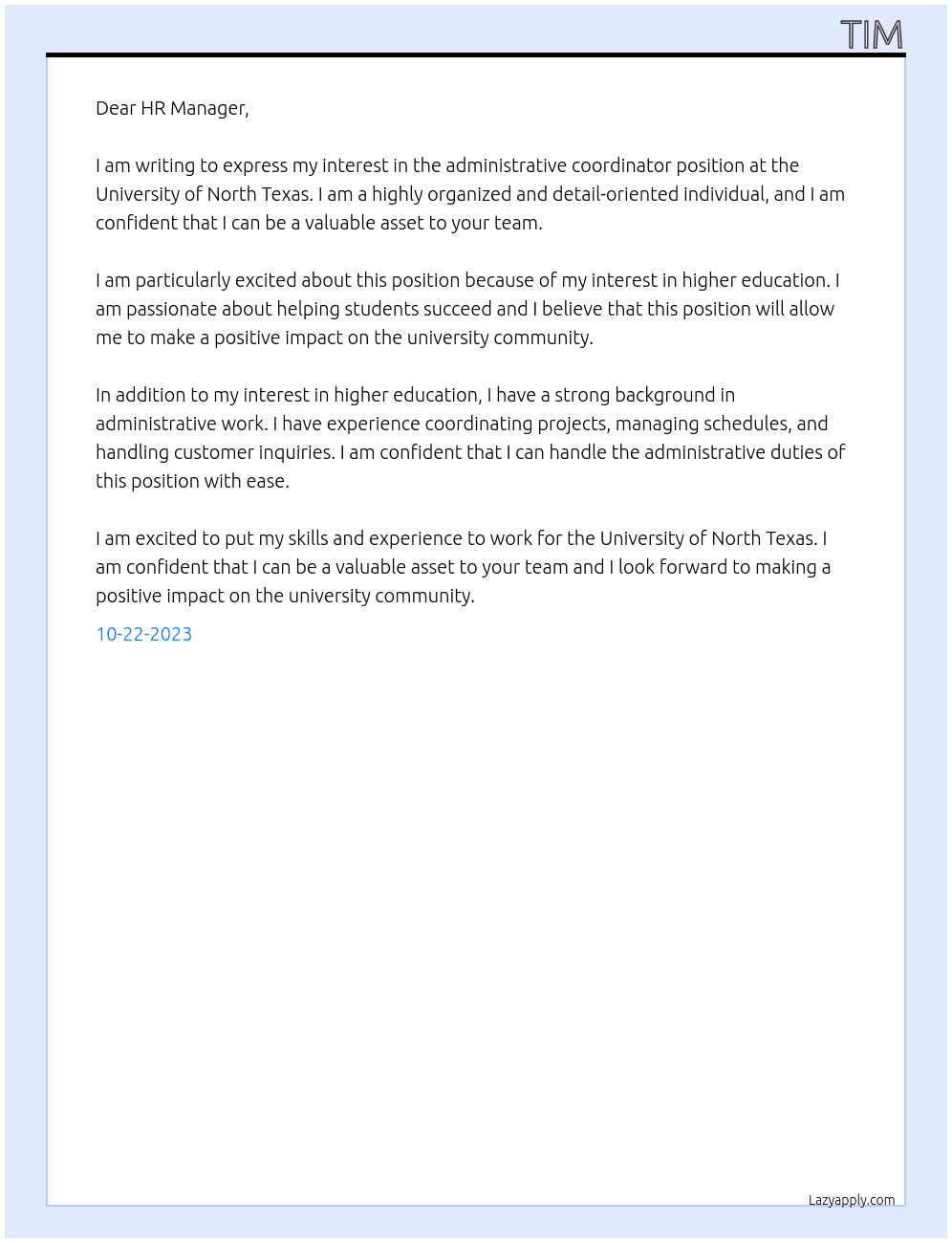 administrative coordinator At university of north texas Cover Letter