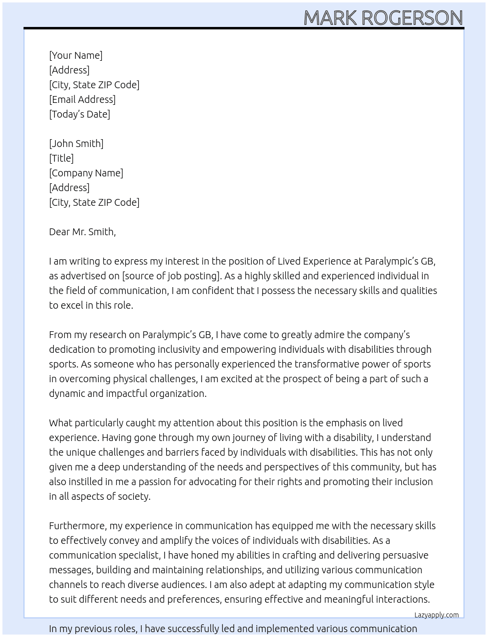 Lived experience  At Paralympic’s GB Cover Letter