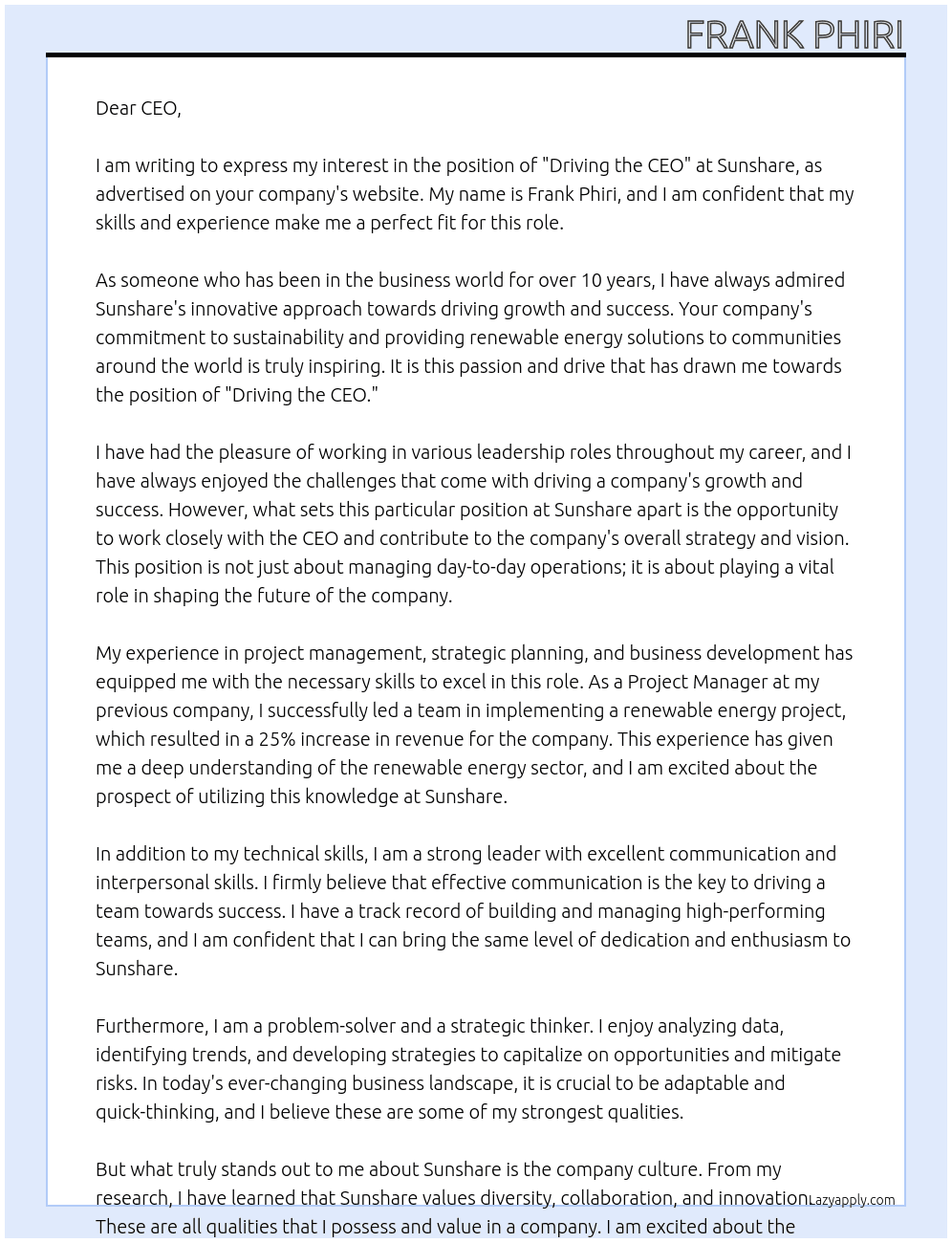 Driving the CEO  At Sunshare  Cover Letter