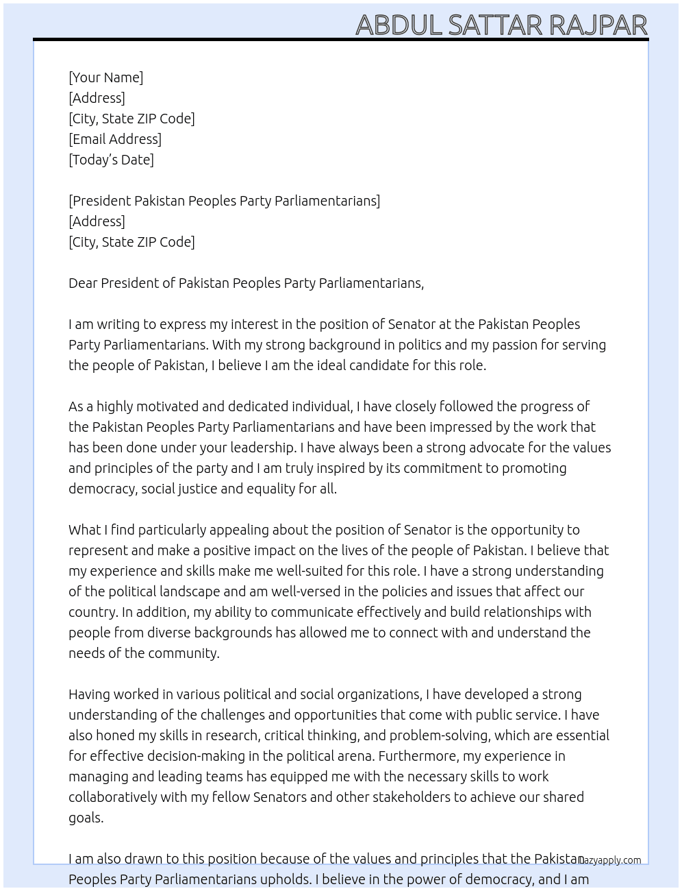 senator At Pakistan Peoples Party Parliamentarian Cover Letter