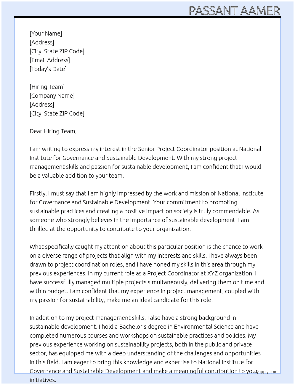 Senior Project Coordinator  At ational institute for governance and sustainable development Cover Letter