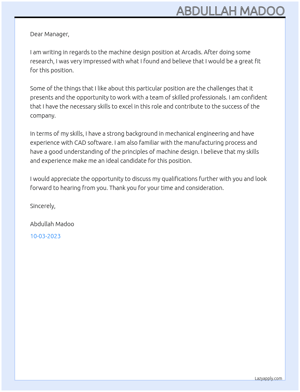 Machine design  At Arcadis Cover Letter