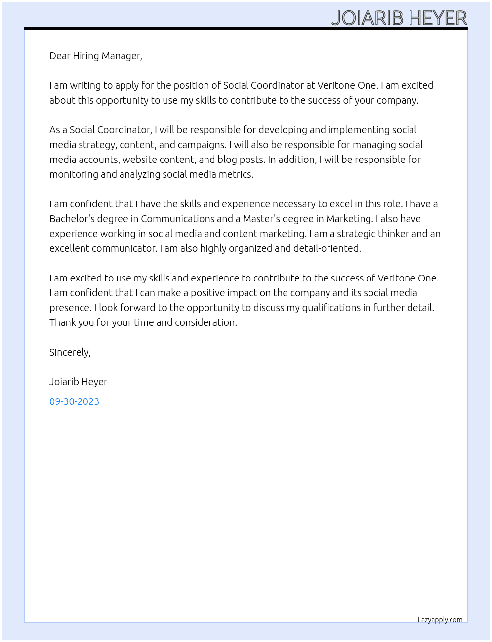 Social coordinator At Veritone One Cover Letter