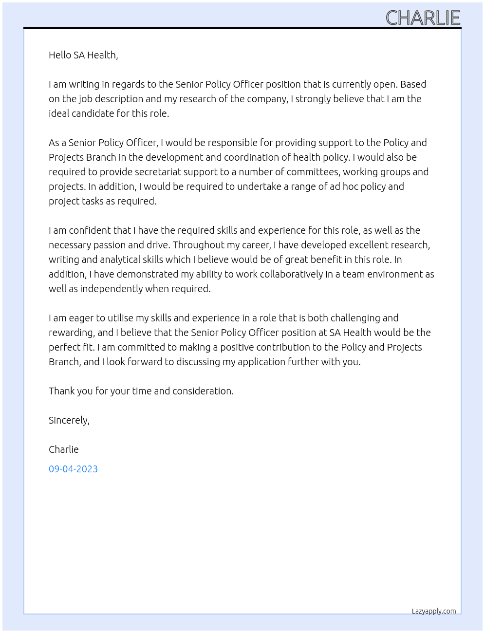 Senior Policy Officer At SA Health Cover Letter