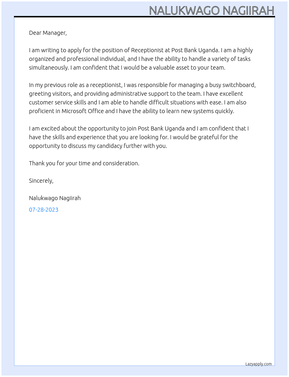 Receptionist At Post Bank Uganda Cover Letter