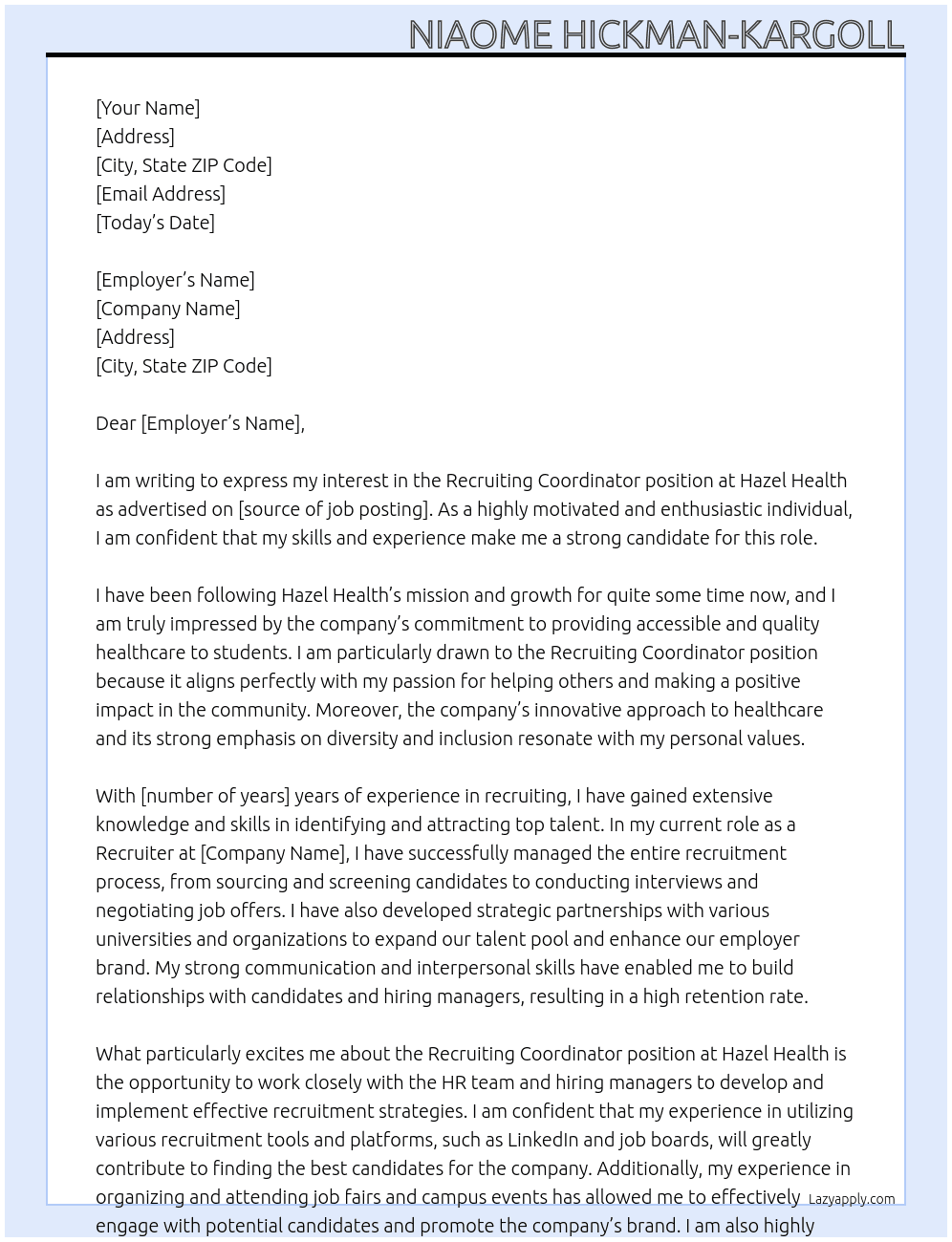 Recruiting Coordinator At Hazel Health Cover Letter