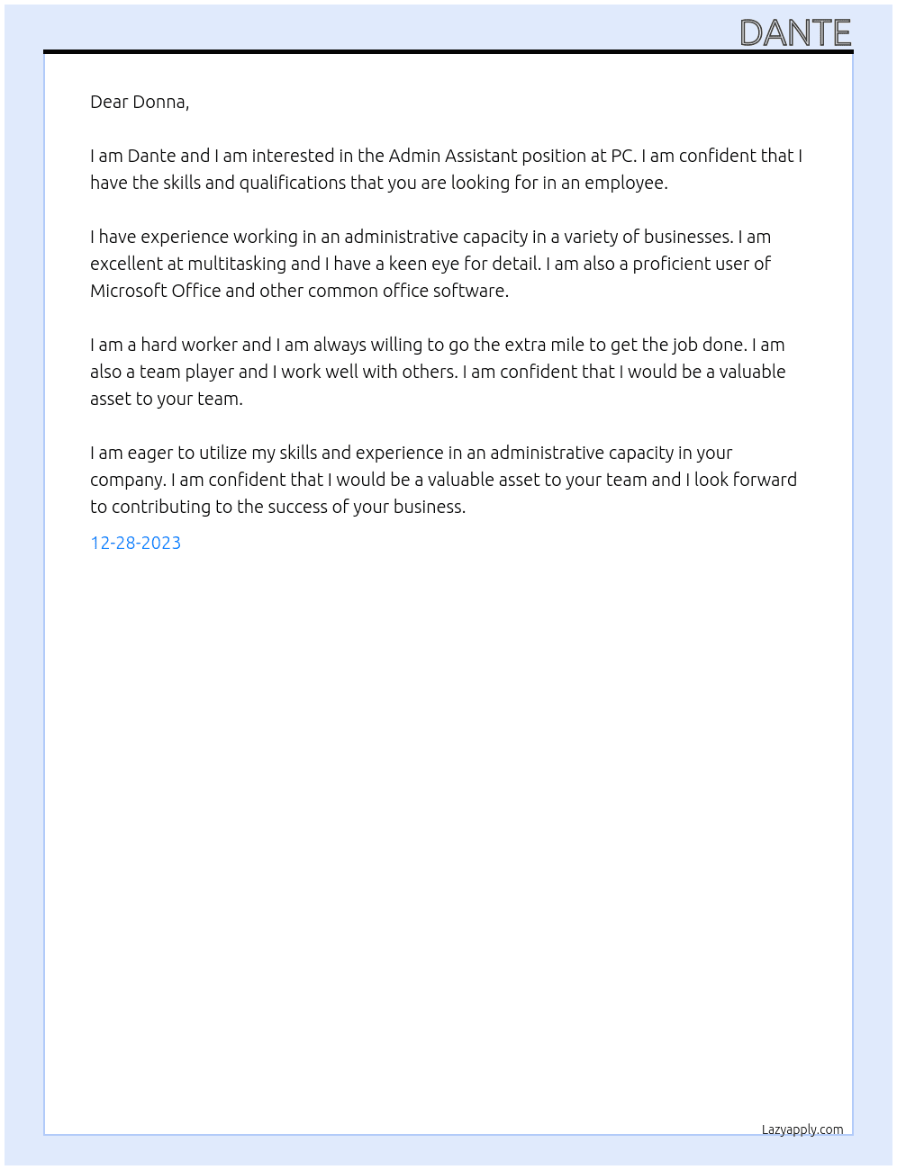 Admin Assistant At PC Cover Letter