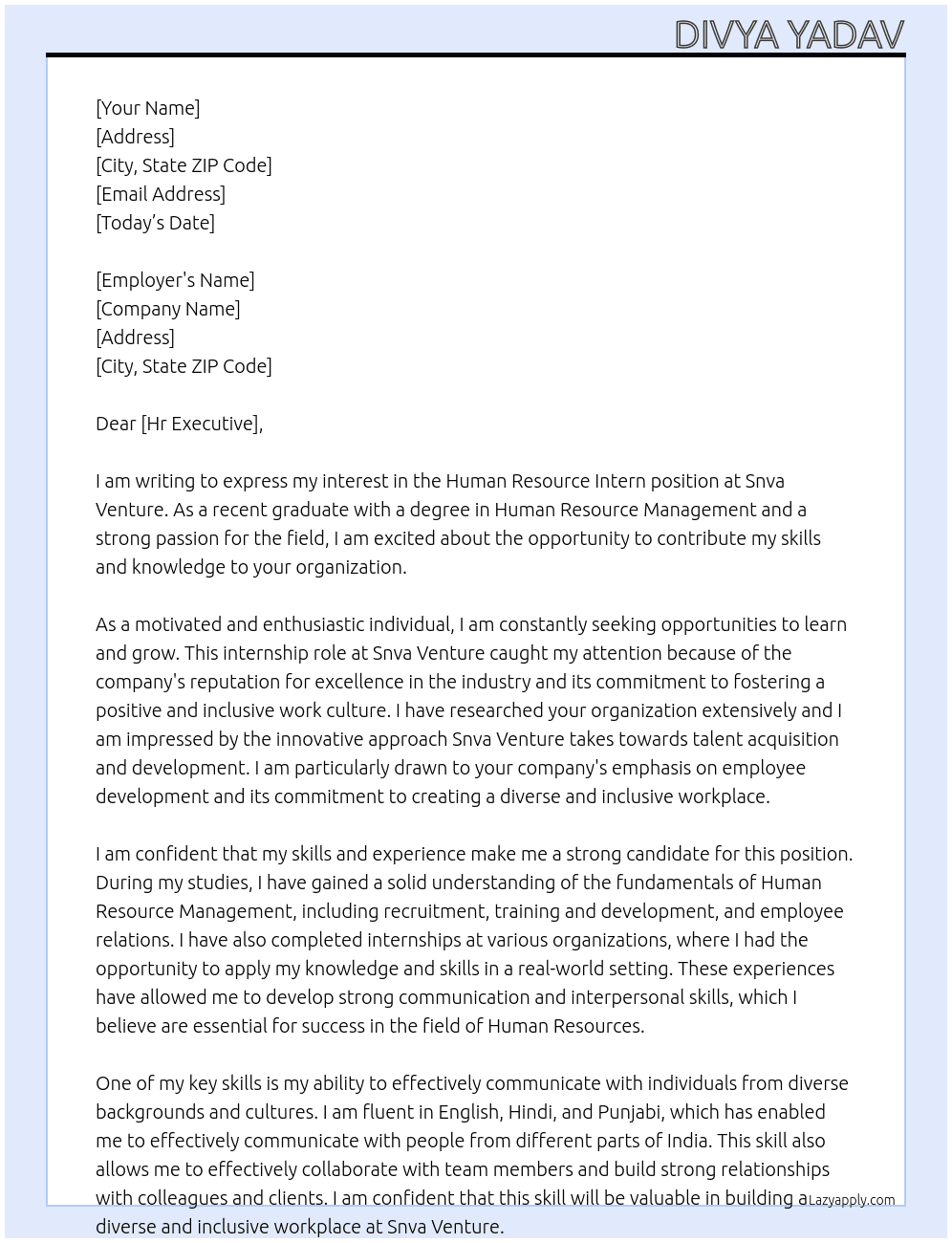 Human resource intern  At Snva venture  Cover Letter
