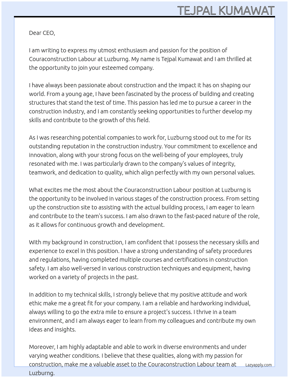 Couraconstruction labour At Luzburng  Cover Letter