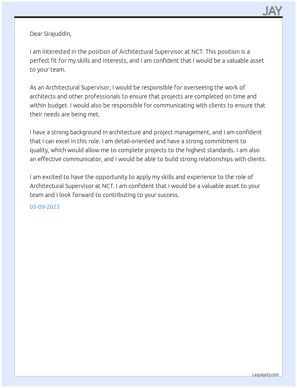 Architectural Supervisor At NCT Cover Letter