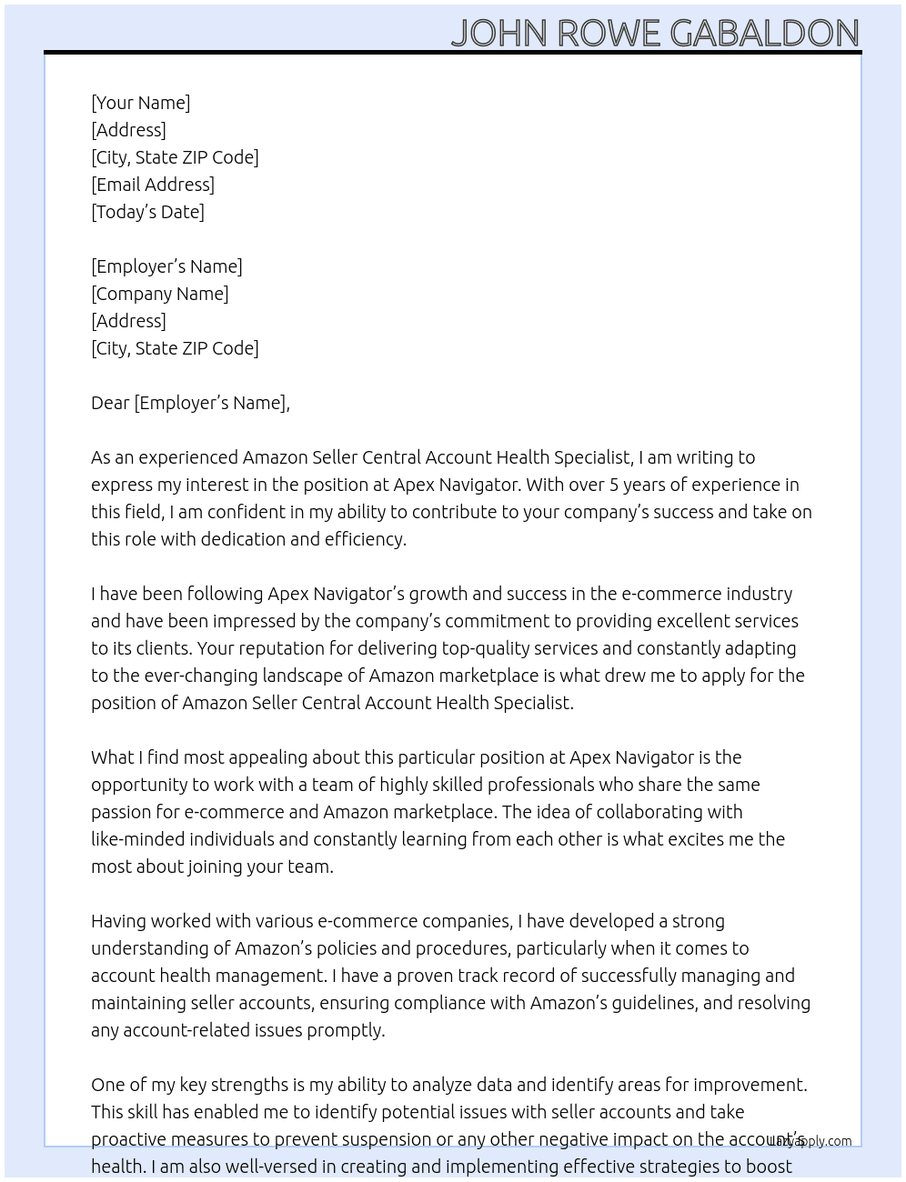 Amazon Seller Central Account Health Specialist At Apex Navigator Cover Letter