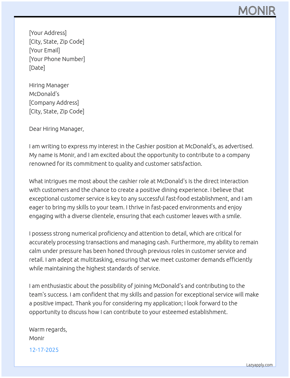 cashier At mcdonalds Cover Letter